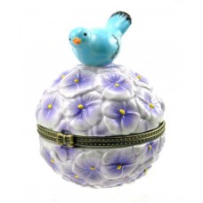 Bluebird of Happiness on Mound of Purple Flowers Hinged Porcelain Trinket Box   